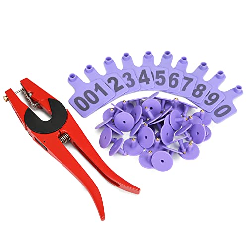 Ear tag Tool Number Laser Type livestocks Animal Supplies Identification Card Copper Head Earring Ear tag applicator(500PCS Purple Tags +1PCS applicator) - color: Purple, size: 500