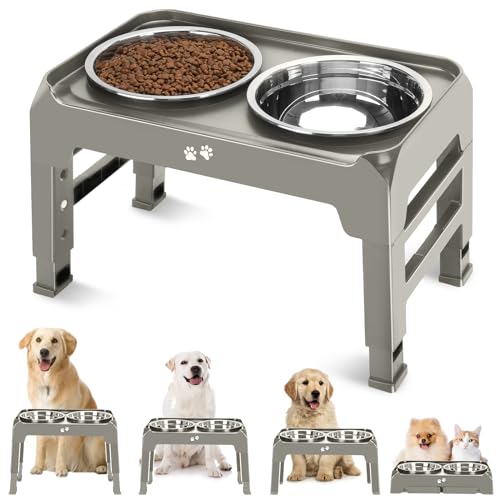 Elevated Bowls, 4 Height Adjustable Raised Stand With 2 Thick 50oz Stainless Steel Food Bowls, Non-Slip Feeder for Dogs, Adjusts to 3.7", 9.2", 10.75", 12.36" Light Brownish Gray - color: Light Brownish Gray, size: 8" for Medium Dogs