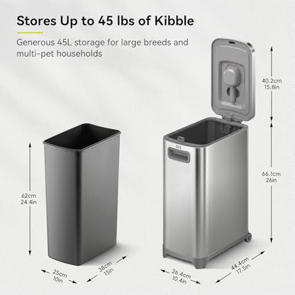 EKO 45 lb Airtight Dog Food Storage Container, Stainless Steel Pet Food Container for Kibble, Cat Food & Bird Seed, Lockable Lid, Magnetic Scoop, BPA-Free Inner Bucket, Wheels