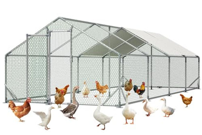 Metal Chicken Coop 26x10x6.56ft Extra Large Walk-in Poultry Cage for 20-40 Chickens Chicken Run Hen Rabbit Duck House with Waterproof Cover for Outdoor Farm Use - size: 312.0"L x 120.0"W x 78.7"H