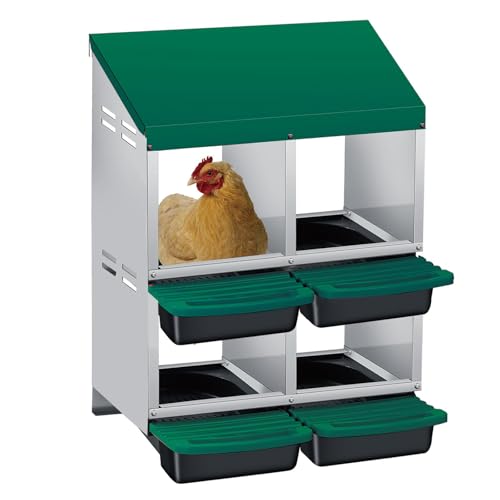Metal Chicken Nesting Box with Easy-Collect Tray & Lid – 3/4/2x2 Compartment Heavy Duty Roll Away Nesting Boxes for Chickens, Wall Mount or Freestanding, Galvanized Steel Hen Laying Box for Coop - color: Green, size: 4 Holes & 2-tier