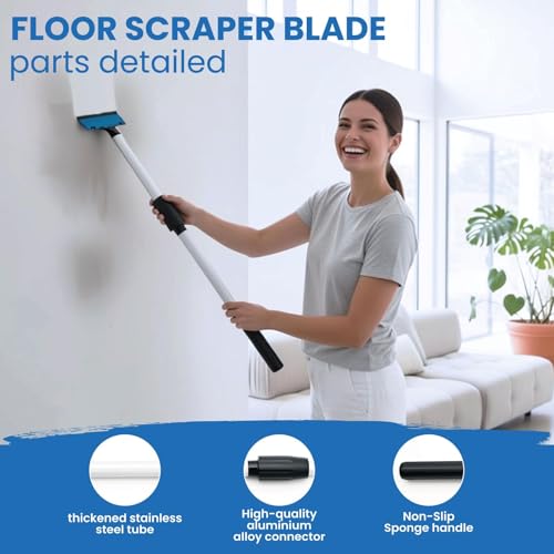 KATARY Razor Blade Floor Scraper, Wall Tile Scraper Tool with Razor Blade with Tool Bag and 3-Piece Cleaning Brush Set - Grout, Concrete and Glue Remover Kit