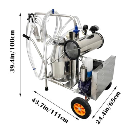INTBUYING 110V Electric Vacuum Pump Cow Milking Machine Portable Milking Equipment for Cows & Goats with 25L/6.6Gal 304 Stainless Steel Bucket, 1440RPM, 10-12 Cows/Hour Capacity Milker for Farm Use