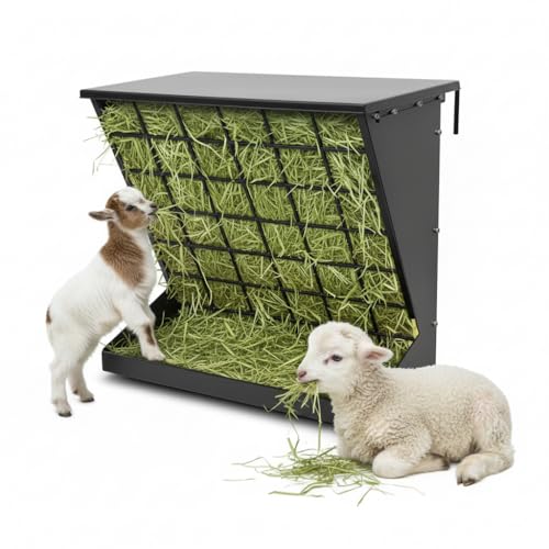 Wall Mount Hay Feeder for Goats, Covered Feeder for Horses with Roof, 2in1 25 Gallon hay Rack & Grain, Hanging Hook on Fence Mount, Galvanized Steel Goat hay Feeder for Sheep Cattle - Black