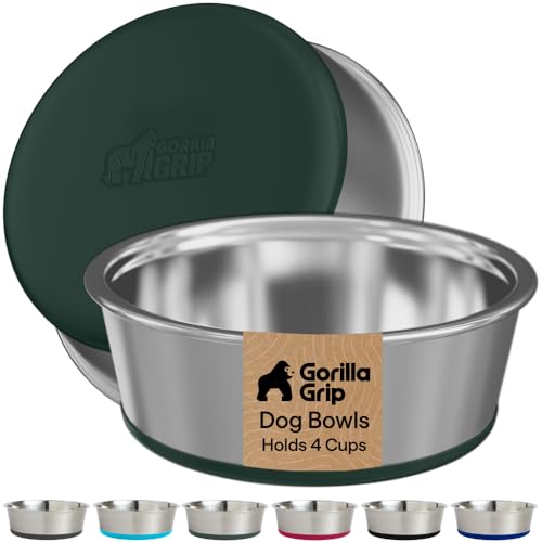 GORILLA GRIP Dog Bowls, Food Grade 304 Stainless Steel, Holds 4 Cups Each (32 fl oz) Food and Water Bowl for Feeding Dogs and Cats, Dishwasher Safe, Rust Resistant, BPA Free Rubber Base Set of 2 Green - color: Hunter Green, size: 4 Cup (32 Oz)