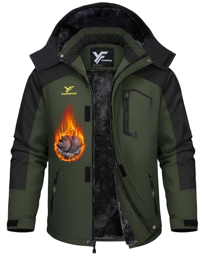 Yufawow Men's Ski Jacket Waterproof Warm Snowboard Jacket Insulated Winter Coat for Outdoor Cold Weather Sports Work - color: Black Green, size: X-Large