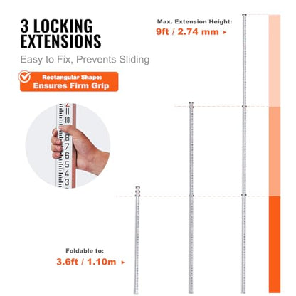 VEVOR Aluminum Grade Telescopic Measuring Rod, 9-Feet 3 Sections, Double-Sided 1/8in Leveling Rod with Bubble Level & Carrying Bag for Houses, Walls, Floors - size: 9 FT-8ths