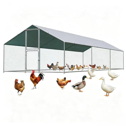 Large Metal Chicken Coop, Walkin Poultry Cage for 30 Chickens with Full-Coverage PE Roof, Waterproof & Anti-UV Cover, Double Lockable Doors, Outdoor Hen/Duck/Rabbit House (20x10x 6.5 FT) - size: 236.0"L x 118.0"W x 79.0"H