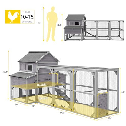 Aivituvin Chicken Coop Extra Large for 10-15 Chickens Wooden Hen House Outdoor with Wheels 55ft² Poultry Cage with Run, 6 Nesting Boxes - size: 136.8"L x 62.5"W x 62.2"H