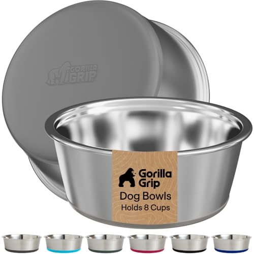 GORILLA GRIP Dog Bowls, Food Grade 304 Stainless Steel, Holds 8 Cups Each (64 fl oz) Food and Water Bowl for Feeding Dogs and Cats, Dishwasher Safe, Rust Resistant, BPA Free Rubber Base Set of 2 Gray - color: Gray, size: 8 Cup (64 Oz)