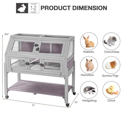 Large Guinea Pig Cages Indoor with Wheels, Wooden Rabbit Hutch with Plastic Floor and Zinc Cool Plate, Anti-Chewing Ramp, Small Animal Habitat with Leakproof Tray for Hamster, Chinchillas, Rats - color: Light Grey