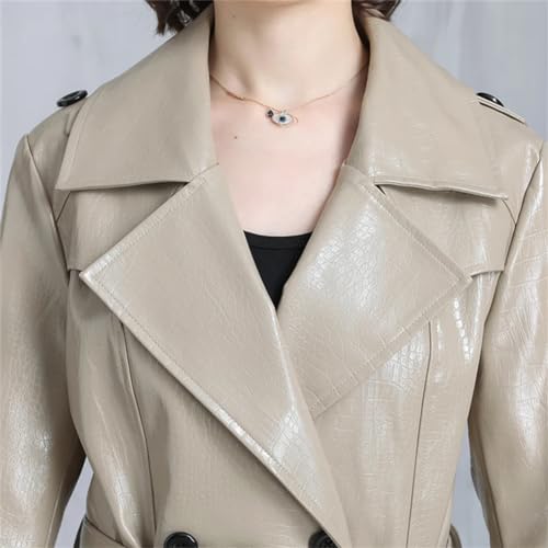 Adhdyuud Women Long Shiny Reflective Pattern Leather Coat Autumn Adjustable Belt Belt Jacket EN8 M