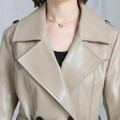 Adhdyuud Women Long Shiny Reflective Pattern Leather Coat Autumn Adjustable Belt Belt Jacket Black S