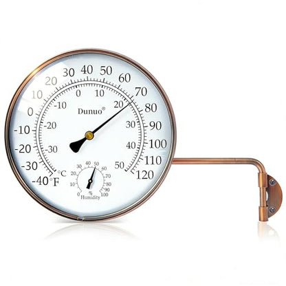6 inch Outdoor Thermometer for Greenhouse, Garage and Patio. Weatherproof & Decorative Outside Temperature Gauge for Window, Antique Copper with Humidity (Easy-Read Brass Swivel Design)