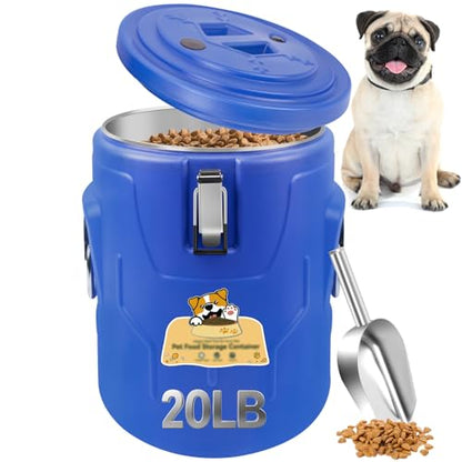 Newget 20lb Dog Food Storage Container, Stainless Steel Airtight Pet Food Storage Container and Durable Plastic Food Container, Large Metal Cat Food Container with Lid and Scoop to Keep Fresh - size: 20 lb