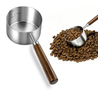 Stainless Steel Dog Food Scoop 1/2 Cup, Dog Food Measuring Cup With Measuring Lines & Long Wooden Handle, Metal Pet Food Scoop For Dogs, Cats and Kitchen Use (1/2 CUP) - size: 1/2 CUP