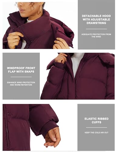 ROYAL MATRIX Women's Long Quilted Puffer Coat, Winter Warm Maxi Puffer Jacket with Detachable Hood - color: Wine Red, size: Small