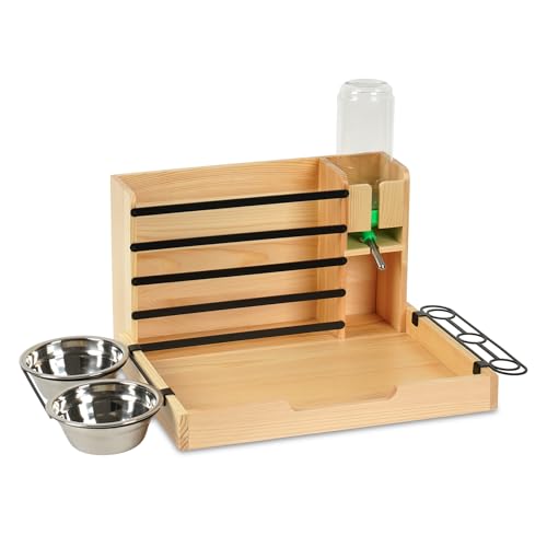 Rabbit Hay Feeder, 4 in 1 Wood Guinea Pig Hay Feeder Bunny Hay Holder with Litter Box 500ml Water Bottle 2 Food Bowl Small Animals Stuff for Cages for Chinchillas Hamster Dwarf Rabbit Ferrets