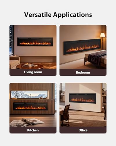 EUHOMY 72 Inch Electric Fireplace Wall Recessed and Wall Mounted with Adjustable Flame Color, Fireplace Heater with Remote Control, Linear Fireplace with Timer, Touch Screen, Log & Crystal, 750/1500W - size: 72 Inch