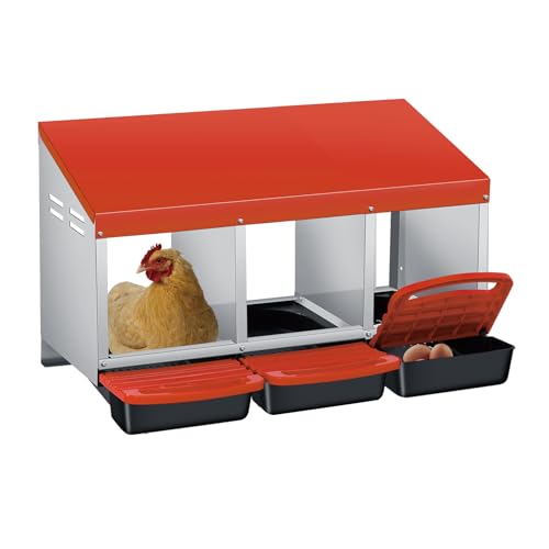 Roll Away Chicken Nesting Box - 3-Compartment Galvanized Steel Laying Nest, Pull-Out Trays, Ventilated Waterproof Roof, Wall or Floor Mount - Orange - Three Grids