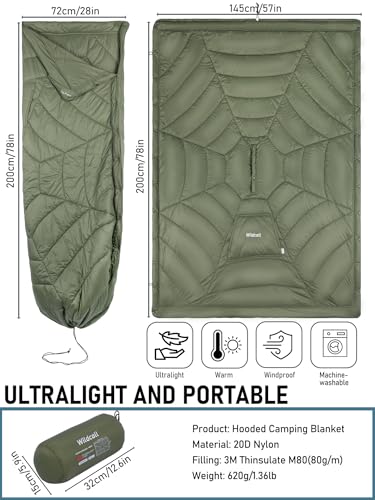 WildCall Hooded Camping Blanket with 3M Thinsulate Insulation Wearable Poncho Blanket Ultralight Foldable Quilt Sleeping Bag for Outdoor, Hiking, Stadium - color: Green