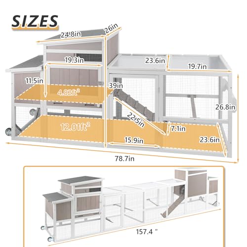 79“L Chicken Coop and Run, 2 Story Backyard Hen House with Nesting Box, Poultry Cage for 1-3 Chickens Ducks Rabbits with Removable Tray, Ramp and UV-Resistant Roof Panel - size: 78.7"L x 26.0"W x 39.0"H