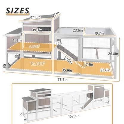 79“L Chicken Coop and Run, 2 Story Backyard Hen House with Nesting Box, Poultry Cage for 1-3 Chickens Ducks Rabbits with Removable Tray, Ramp and UV-Resistant Roof Panel - size: 78.7"L x 26.0"W x 39.0"H