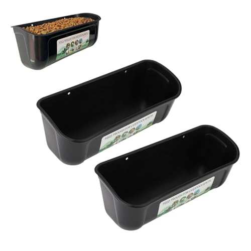 Qinlorgo 2 Pack Chicken Feeder, 5.5 Quart Hanging Fence Feed Trough, Clips with Livestock Waterer, Ideal for Goats, Ducks, Sheep, Piglets, Deer & Poultry (Black) - color: Black