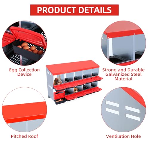 Chicken Nesting Boxes with Cleanable Pull-Out Trays - 10 Hole Metal Rollaway Nest Box for Laying Hens, Wall Mount or Placed Design for Easy Egg Collection & Cleaning