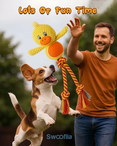Swooflia Durable Squeaky Dog Toy - Interactive Plush Cute Duck with Rope Legs, Teeth Cleaning Tug Toy for Small Medium and Large Dogs, Puppy Chew Toy for Training and Play - color: Yellow