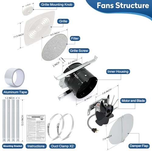 505 Bathroom Exhaust Fan, 8 Inch Fan with 200 CFM, White Vertical Discharge Ceiling Ventilation Fan, Bathroom Vent and Kitchen Exhaust Fan, Attic and Garage Ceiling Fan, Household Ventilation Fans