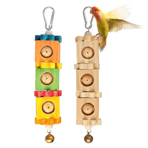 2Pcs Parrot Chewing Toys, Wooden Block Boredom Relief Hanging Toy with Metal Hook for Bird Cage, Rabbit Chinchilla Guinea Pig Chew Treat - color: Primary colors + secondary colors