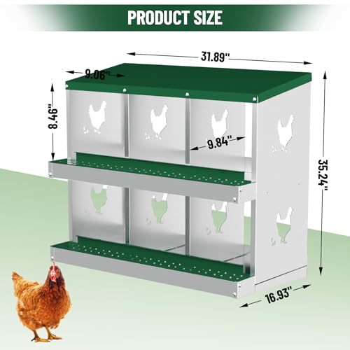 Chicken Nesting Box,6 Holes Galvanized Steel Metal Chicken Laying Box with Automatic Roll-Away Egg Collection System & Removable Tray,Wall Mount Nesting Boxes - color: Green, size: 6 Holes