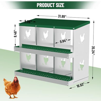 Heavy-Duty Galvanized Steel Chicken Nesting Box – 6 Large Vented Compartments, Rollout Egg Collection, Rustproof, Easy Clean & Install – Green - color: Green, size: 6-Holes