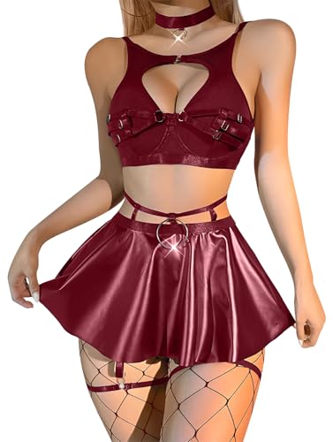 Lilosy Sexy Stocking Chocker Strappy Underwire O Ring Push Up Garter Belt Women Skirt 5 Piece - color: Wine Red, size: Large