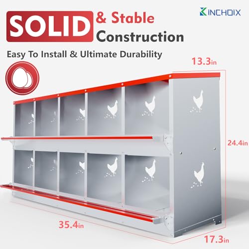 Chicken Nesting Boxes - 10 Compartment Metal Poultry Nest Box Wall Mount for Chickens, Hens, Ducks - Easy Egg Collection - Large Vented Holes Chicken Coop Equipment (10 Compartment)