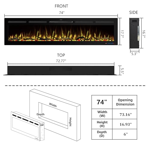 74" WiFi Electric Fireplace Inserts, Recessed and Wall Mounted Fireplace Heater W/Adjustable Flame Color & Brightness, Thermostat, 9H Timer, App and Remote Control, Low Noise, 750/1500W - size: 74" WiFi