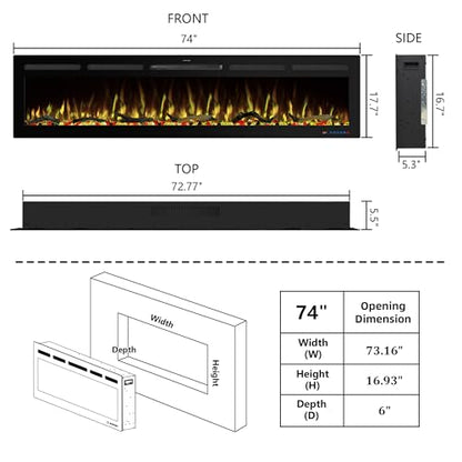 74" WiFi Electric Fireplace Inserts, Recessed and Wall Mounted Fireplace Heater W/Adjustable Flame Color & Brightness, Thermostat, 9H Timer, App and Remote Control, Low Noise, 750/1500W - size: 74" WiFi