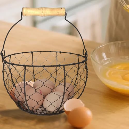 Farmhouse Wire Egg Basket For Gathering Fresh Eggs Iron Wire Storage Organizer With Handle Chicken Egg Collecting Basket Countertop Container Fruit Bin - color: Black