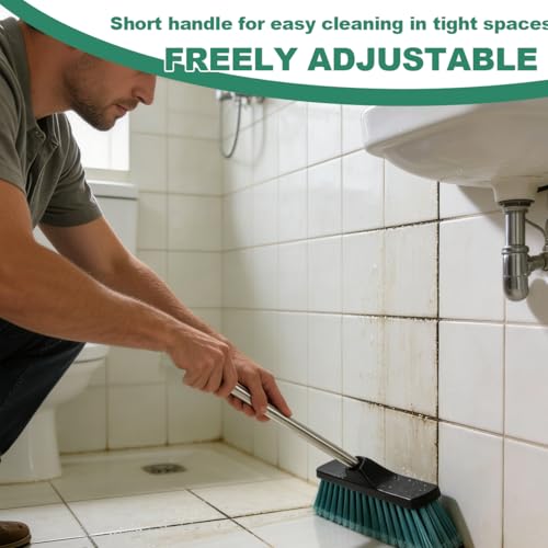 Small Floor Scrub Brush with 4-Section Stainless Steel Handle, 52" Adjustable Long Handle, 5-Row Dense Flagged Bristles, for Tile, Bathroom, Patio, Indoor & Outdoor Cleaning (Black+Green)