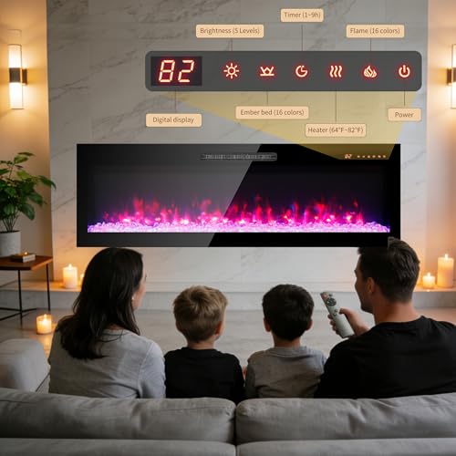 60" Electric Fireplace, Wall Fireplace Electric with Remote Control, 16 Adjustable Flame Colors, Wall Mounted/Recessed, 1400W Fireplace Insert Heater, Timer, Thermostat - size: 60 Inch Standard