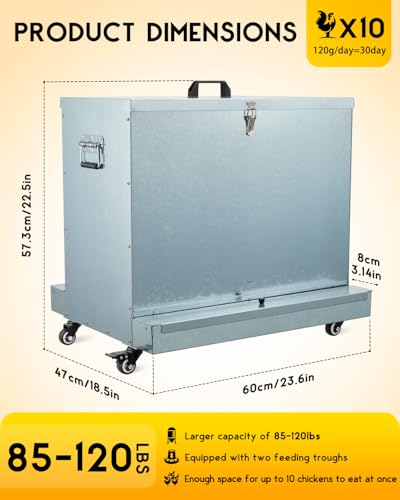 85lbs Metal Chicken Feeder on Wheels, Magicfly Automatic Large Chicken Feeders No Waste Feed Box Poultry Feeder with Latch and Handle, Oyster & Grit Trough for Ducks, Turkeys & Chickens