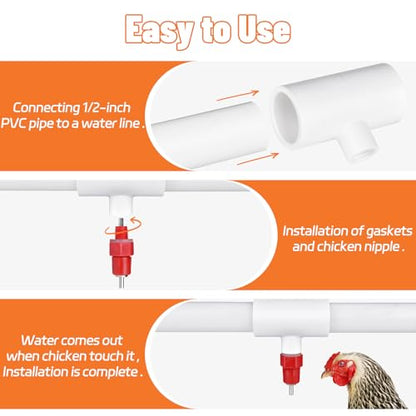 10Pcs Chicken Water Nipples, Chicken Nipple+Tee Waterer Kit, Automatic Poulrty Drinking, Quail, Duck, Geese, Turkeys