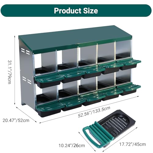 Chicken Nesting Box 10 Compartments - Metal Roll Away Nesting Boxes for Chicken Coop, Egg Collection System, Laying Boxes for Hens with Lid Cover to Protect Eggs, Easy Egg Collection & Clean