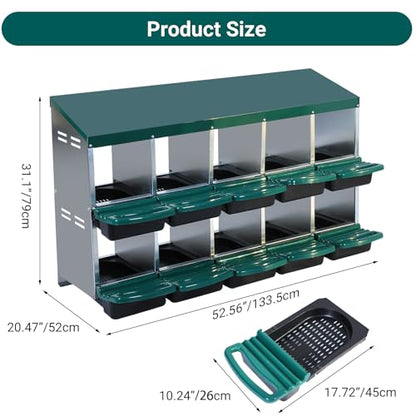 Chicken Nesting Box 10 Compartments - Metal Roll Away Nesting Boxes for Chicken Coop, Egg Collection System, Laying Boxes for Hens with Lid Cover to Protect Eggs, Easy Egg Collection & Clean
