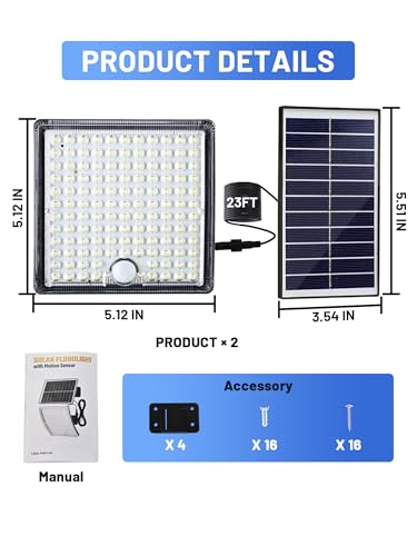 Solar Shed Light,Solor Outside Light with 23ft Cable,5 Motion Modes,Solar Flood Lights Outdoor Waterproof IP65,126 LED Lamparas Solares para Exteriores Grandes Sin Sensor de Movimiento Patio - size: 2 Pack-No Remote