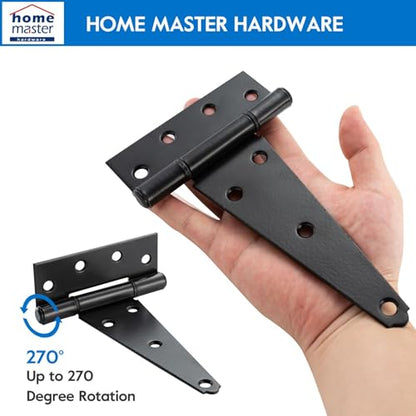 HOME MASTER HARDWARE 8 Inch T-Strap Heavy Duty Shed Door Hinges, Black Tee Hinge for Wooden Fences,Yard Door, Barn Door Gates, Rustproof Wrought Iron with Screws, 4 Pack - size: 8 in-4 Pack
