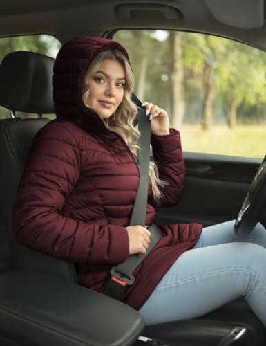 ROYAL MATRIX Women's Packable Puffer Jacket - Lightweight Winter Warm Long Quilted Puffer Coat with Detachable Hood - color: Wine Red, size: X-Large
