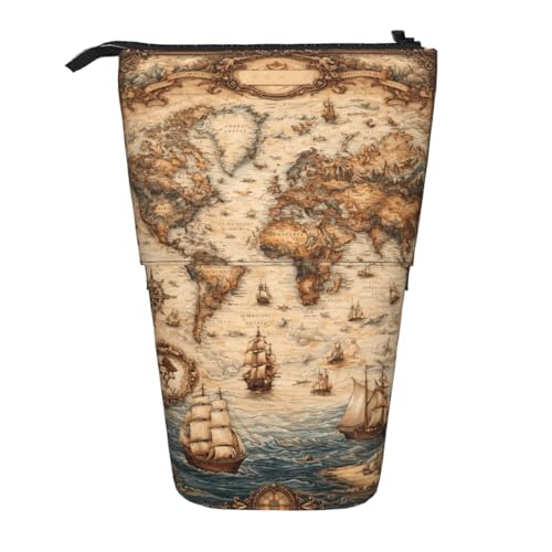Retro Map Standing Pencil Case Cute Telescopic Stationary Pouch with Zipper Large Capacity Stand up Pen Bag Portable Makeup Holder for School Office Supplies - color: Map
