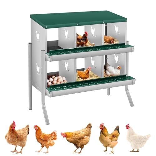 6 Compartment Chicken Nest, Stainless Steel Laying Boxes for Hens with 4 Dummy Eggs and 10 Dampproof Pets Mats, Wall Mounted or Free Standing Chicken Boxes, Roll Out Design, Green, with Stand Style - color: Green, size: 6-Room